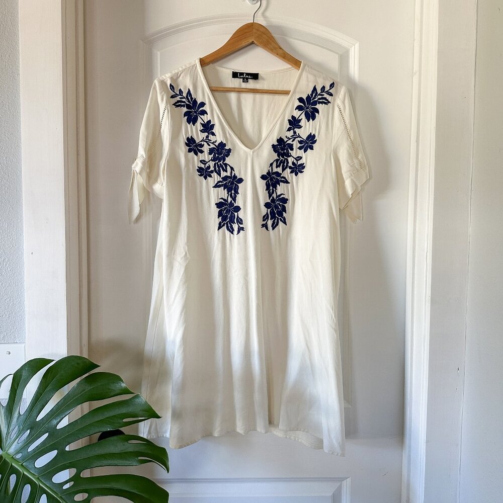 Lulus Ambrosia Navy Blue and White Embroidered Tie-Sleeve Shift Dress Mini SMALL